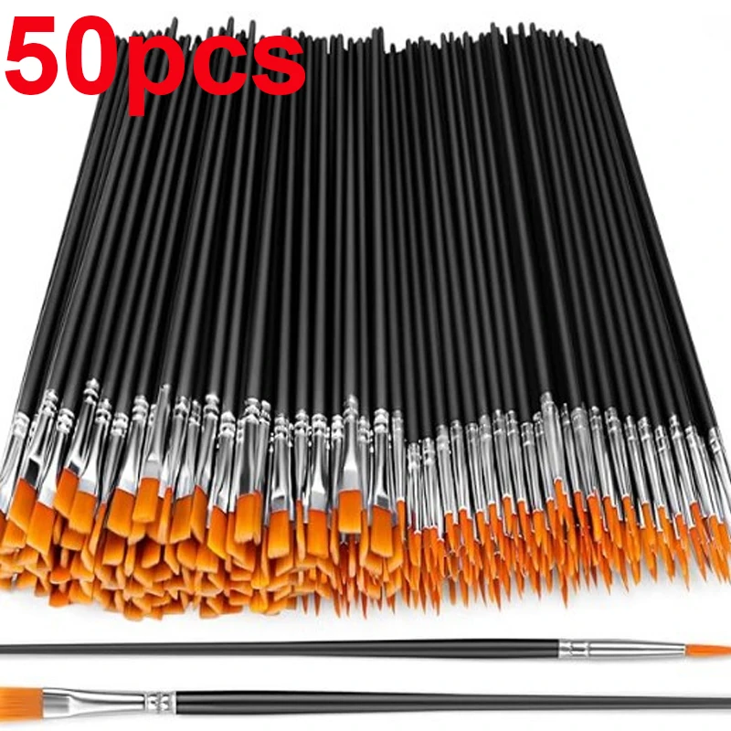50pcs Paint Brushes | Flat and Round Tipped Pen Tips, Durable Patterned Handle, Suitable for Acrylic, Watercolor, and Facial