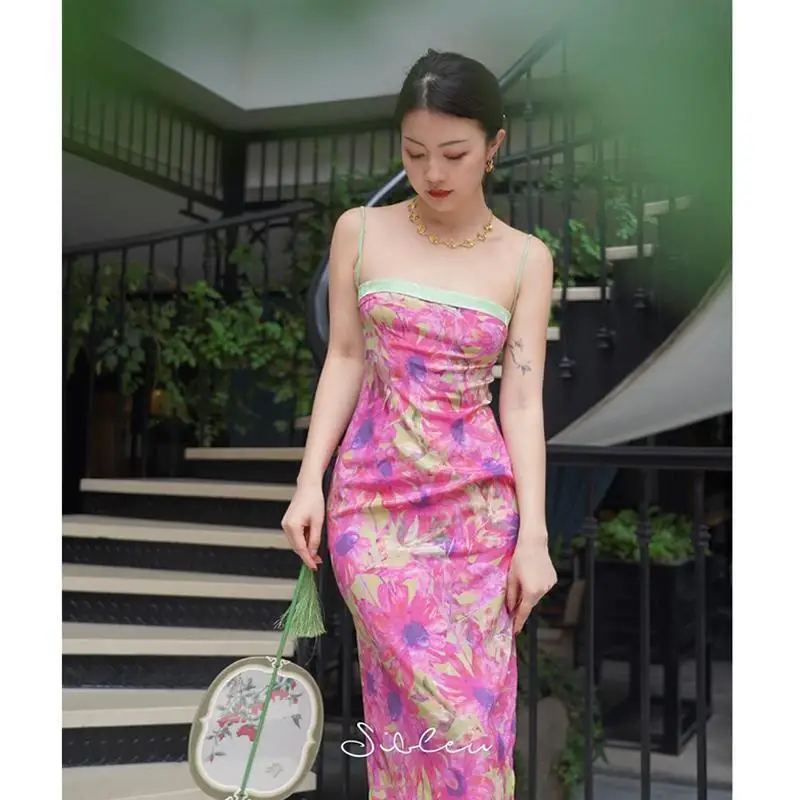 Esthetisch bloempatroon slim fit jurken met bandjes Chinese stijl sexy zomer lange jurk temperament kantoor dame elegante vrouw