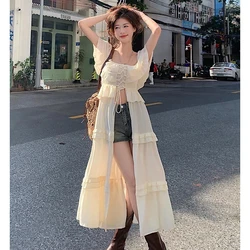 Women Long Dress Y2K Sweet Slash Neck Vintage Hollow Out Perspectival Dress Summer Streetwear Holiday Bandage Dress Female New