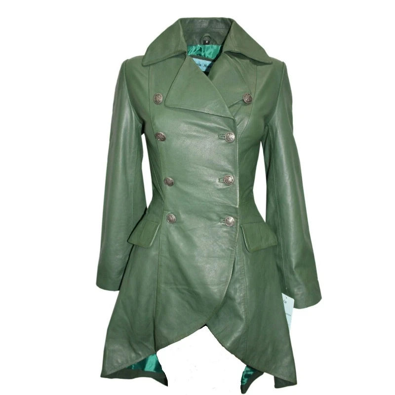 Women Sheepskin Leather Double Breasted Long Trench Coat Green Designer Overcoat