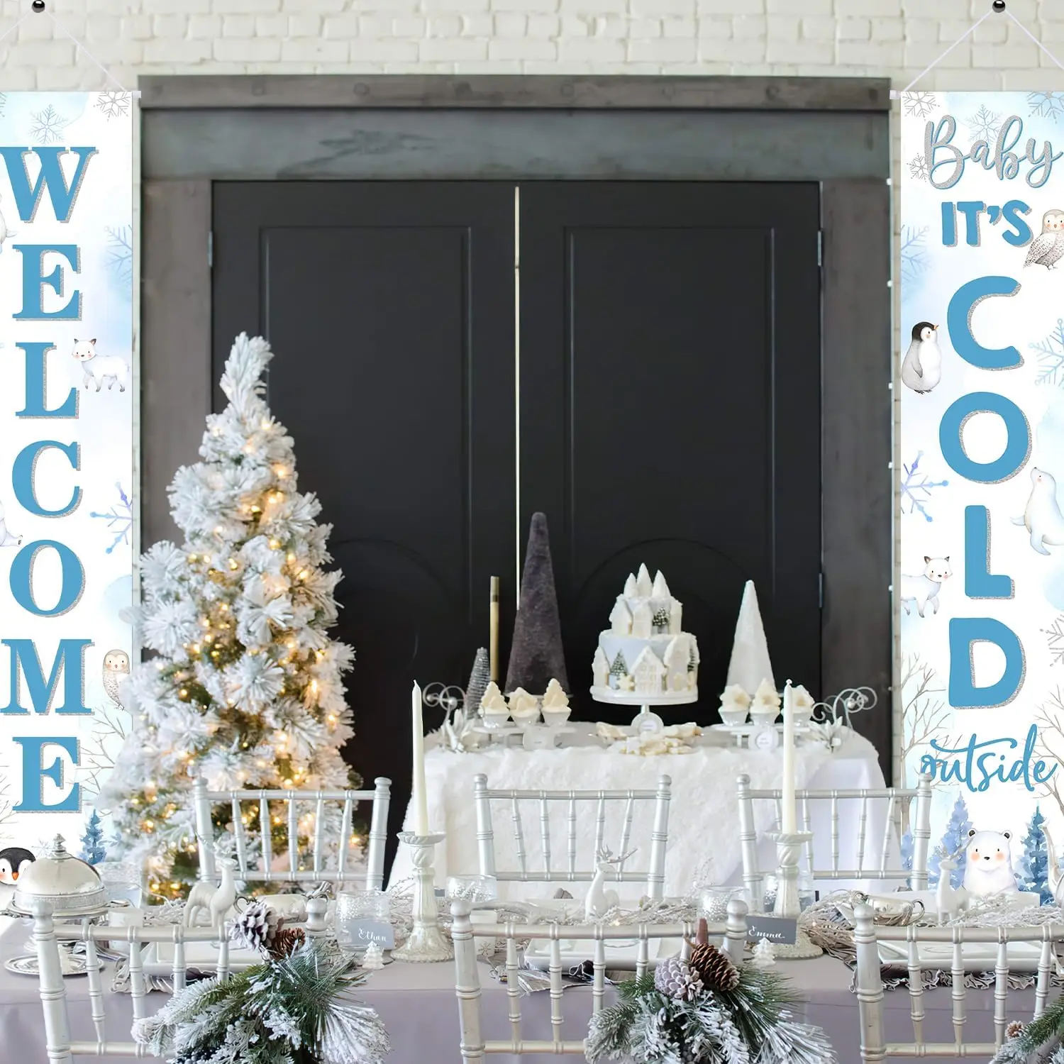 Kreatwow Arctic Polar Animal Baby Shower Porch Sign Penguins Polar Bears Seals Door Banner Winter Birthday Party Supplies