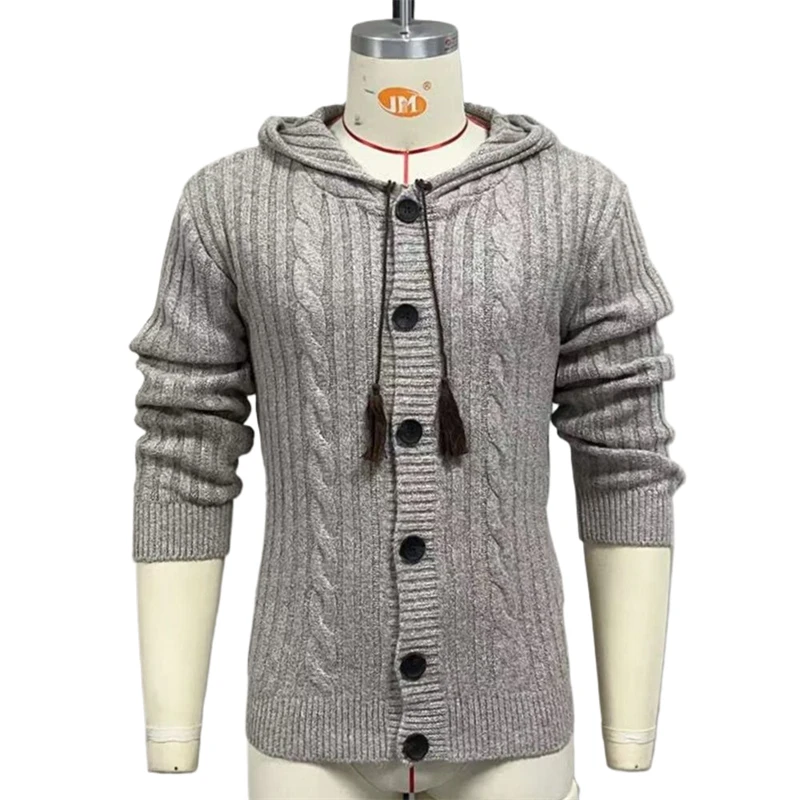 Hochwertige Herren-Cardiganjacke mit Kapuze, gerippt, Retro, dick, warm, mit Knöpfen, Herbst-Winter, lässige Oberbekleidung, Streetwear-Oberteil – Detail 2