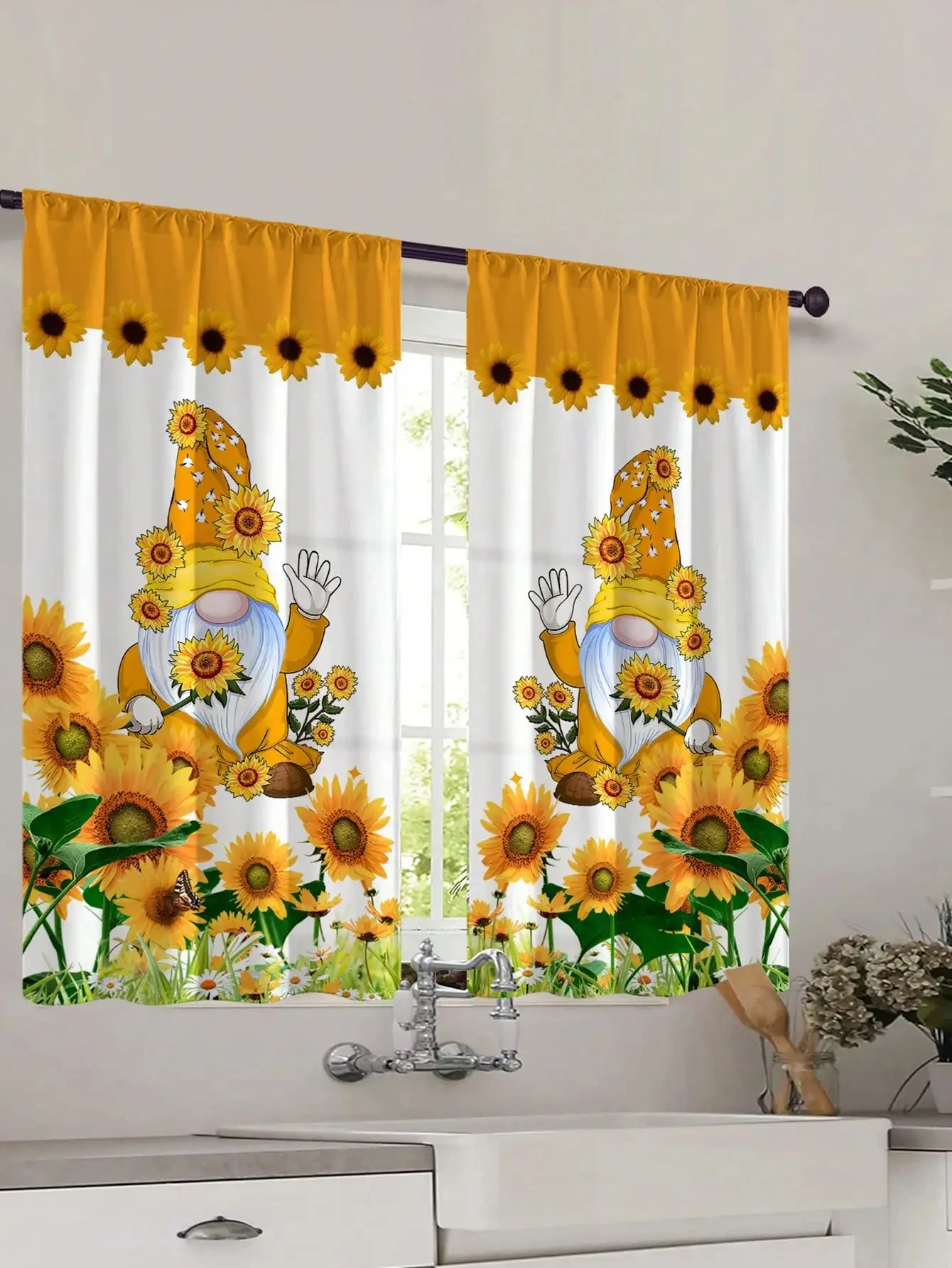 2pcs New Modern Fresh Checkered Sunflower Digital Printed Home Decoration Kitchen Short Window Curtains for Bedroom Living Room