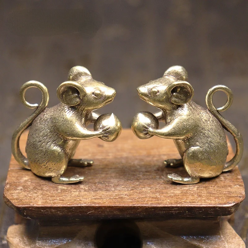 Copper Cute Mouse Peach Miniatures Figurines Tea Pet Table Ornament Crafts Brass Animal Rat Statue Home Decorations Accessories