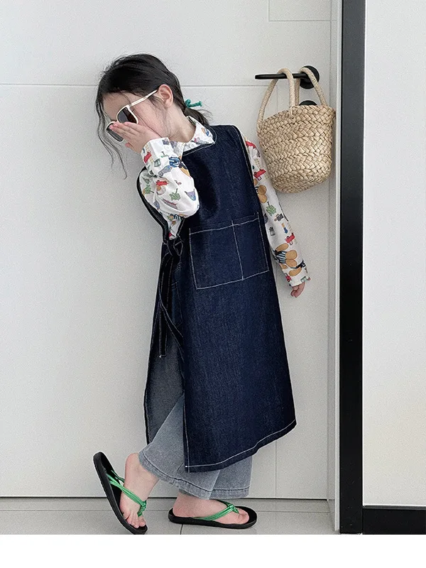 Rok Denim anak perempuan, rok celemek Denim Vintage Korea musim semi dan musim panas 2024