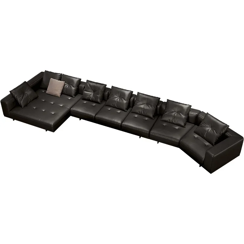 

Straight row leather sofa minimalist straight row multi person black high end living room reception room combination