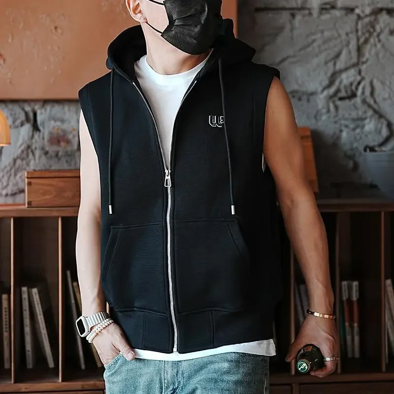 

Мужской повседневный жилет без рукавов с капюшоном, на молнии, однотонный, с карманами-кенгуру