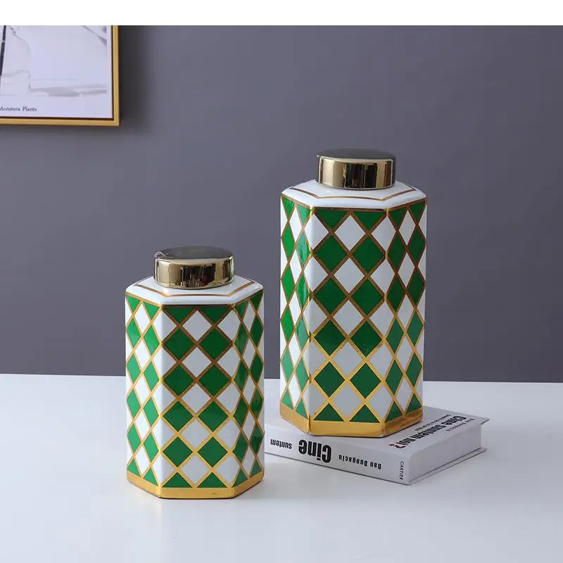 Green Checkered Pattern Ceramic Jar Gilded Hexagonal Bottle Storage Jars with Lids Desktop Decoration Tea Caddy Candy Pots