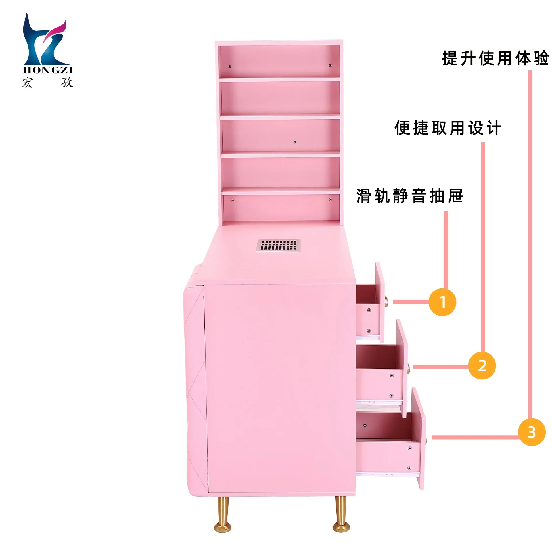 Pink nail table with built-in vacuum cleaner with wrist pad for partitioned storage