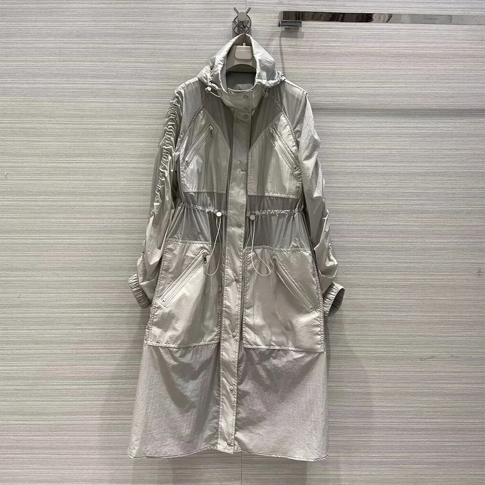 

New Fashion Sunscreen Windbreaker Long Coat Women Hooded Zipper Drawstring Waist Gray Color Patchwork Loose Long Trench Coat