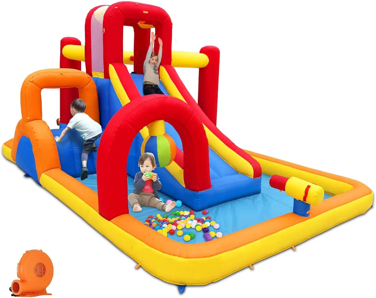 Water Park Bounce House com Blower, Splash Pool, canhão de água, parede de escalada, Blow up Slide, 2 Slides, 10 em 1