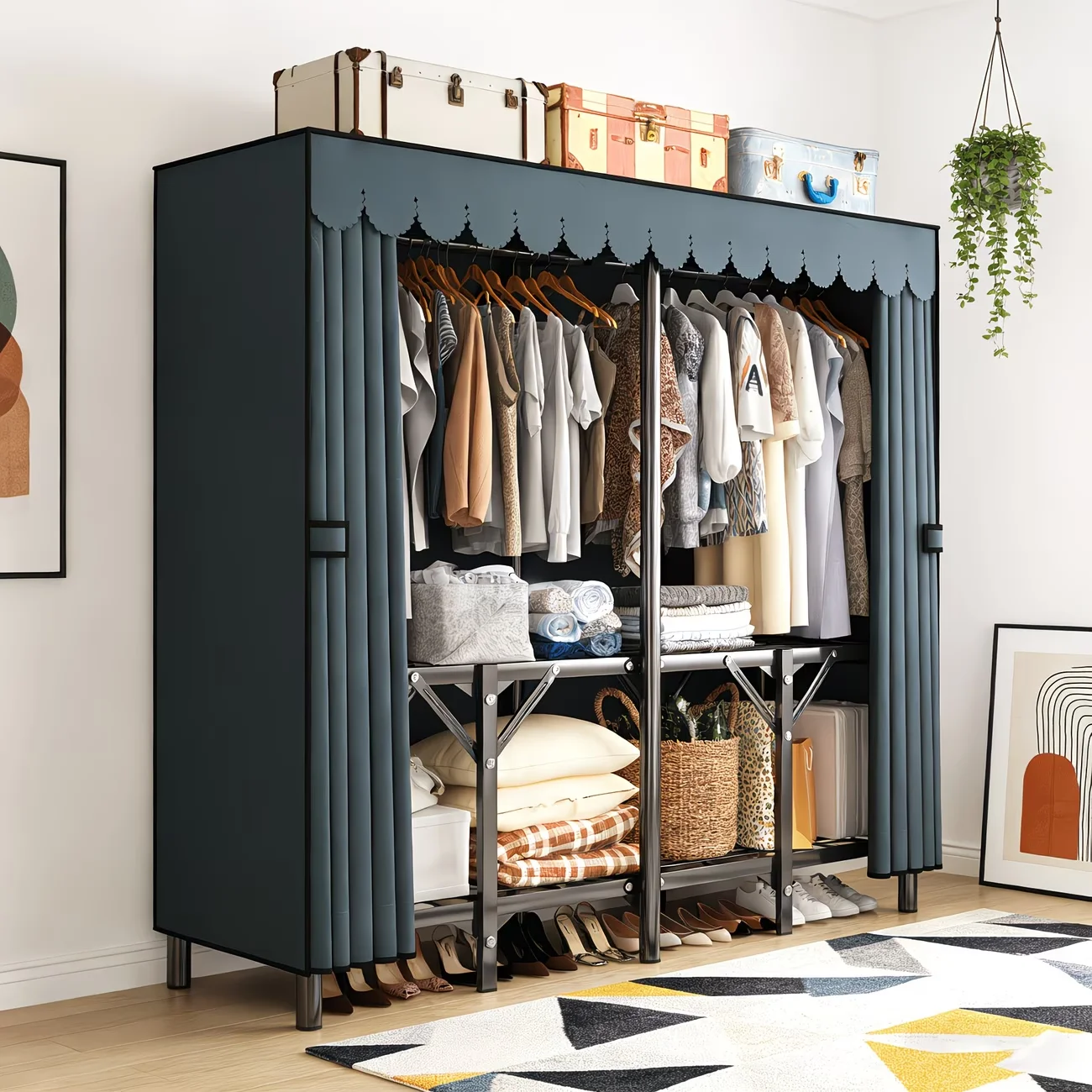 25 Tube Reinforced Gray Fabric Wardrobe 150cm Foldable Easy Assembly Closet Storage Organizer for Dorm Bedroom Rental