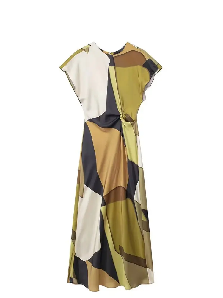 HH 2024 Summer Women Dress Fashion Vintage Print O-Neck Midi Dress Waist Cinched Casual Chic Woman Elegant Dresses