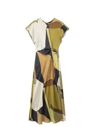 HH Print Midi Dress Woman Short Sleeve Satin Long Dresses For Women 2024 Elegant Party Dresses Vintage Casual Dresses