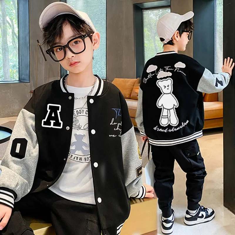 Autumn Boys Spring Contrast Alphabet Sweat Varsity Jackets School Kids Outfit Tops Child Single-Breasted Track Coat 3-14Yr