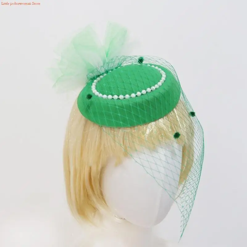 F92D Green Mesh Hat Hair Barrettes Fascinator Hat For StPatricks Day And Theme Parties Gathering Face Mask Hat Headwear