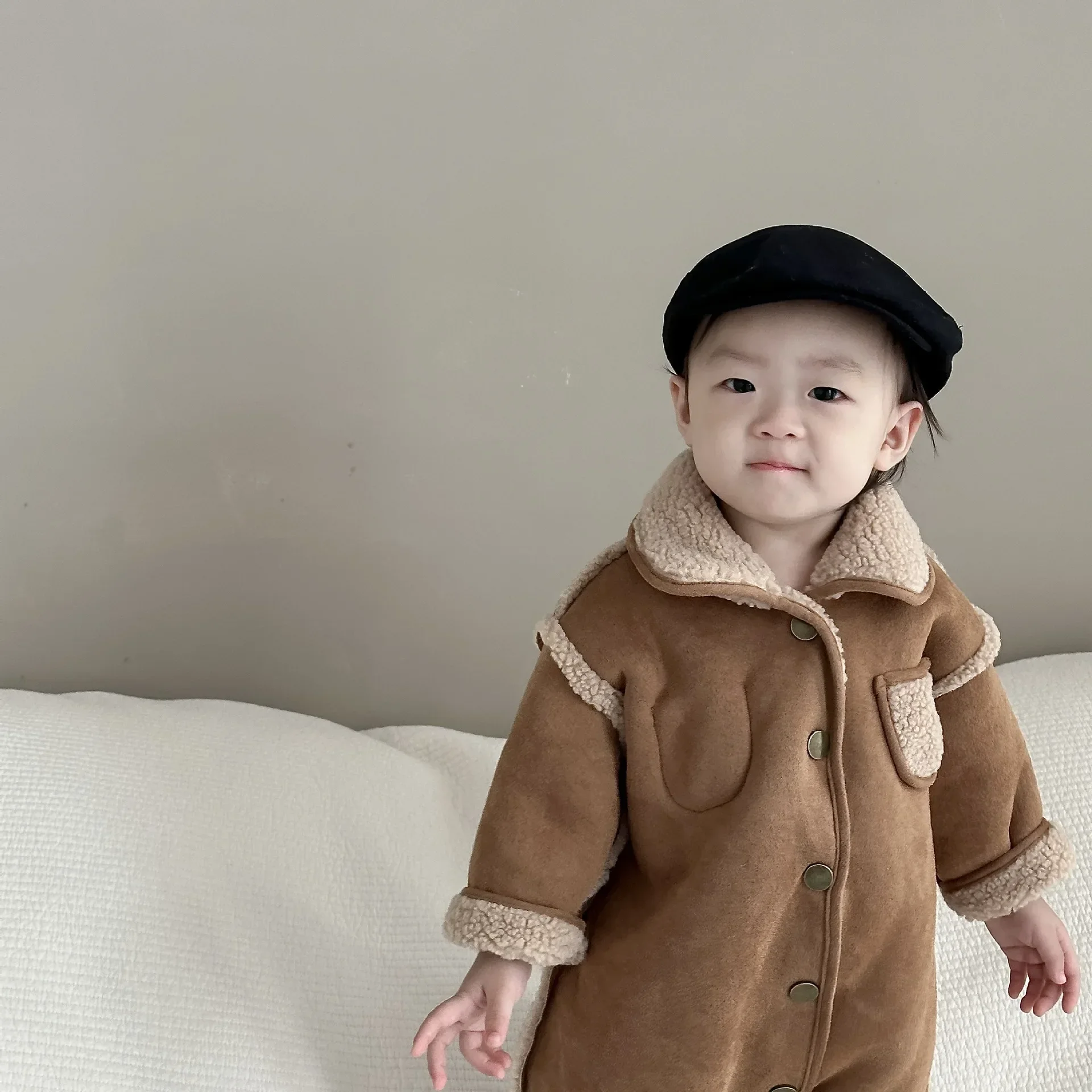 Baby Autumn and Winter Clothes Korean Children Clothing Baby Outdoor Clothes Winter Fur Rompers Boys and Girls Plush Jumpsuit