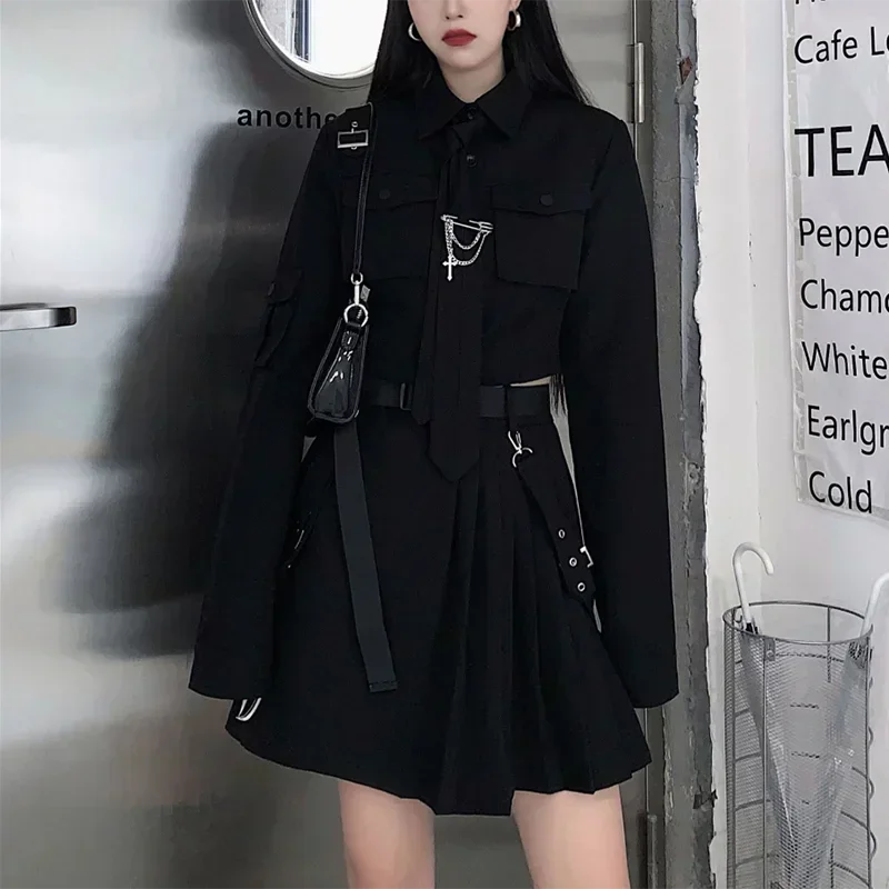 Gothic Black Punk Emo Two-Piece Skirt Spring Y2K Alt Clothes Kpop JK Uniform Punk Chain Ribbon Skirts Women 2 Piece Suit Female view 4