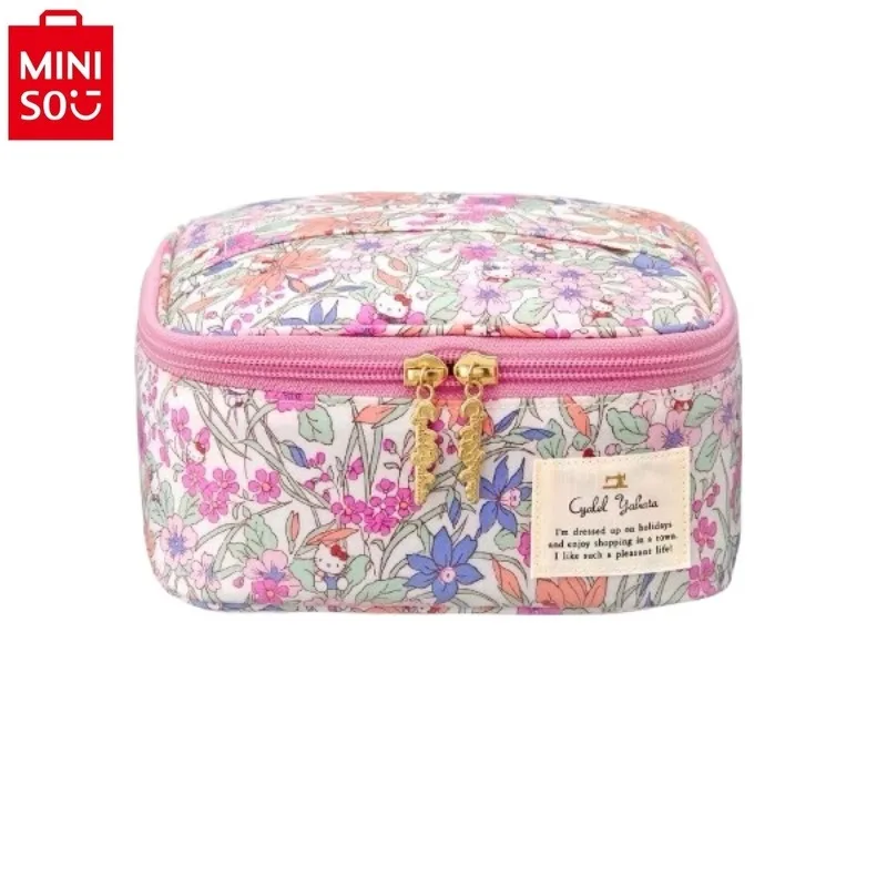 MINISO   Sanrio Hello Kitty Double Star Flower Zipper Storage Bag for Women's Sweet High Quality Multi functional Makeup Bag
