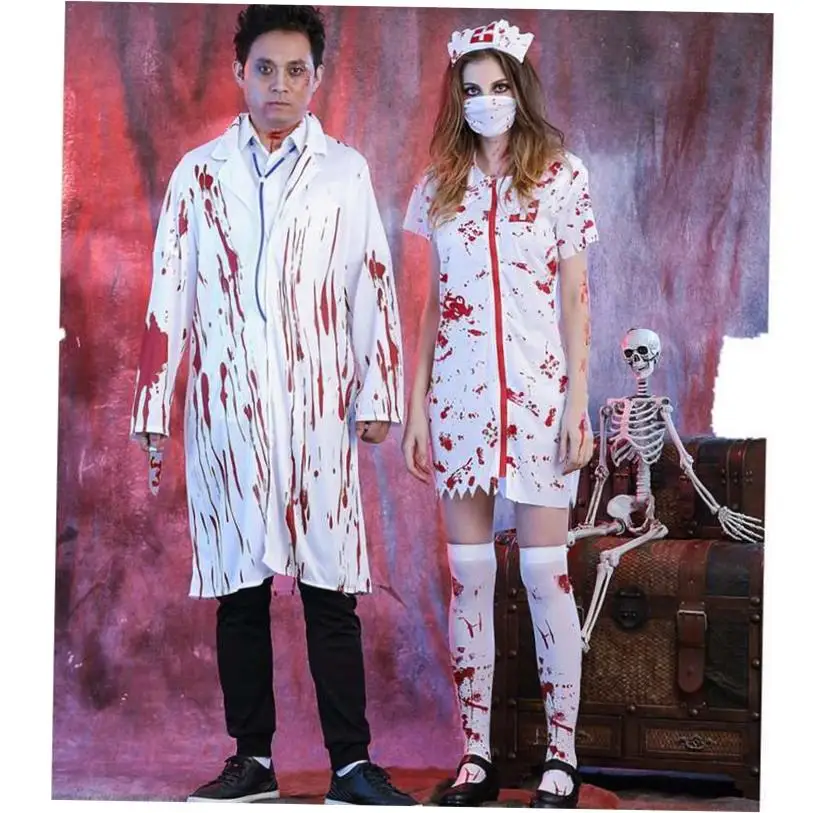 Halloween Horror Blutiges Krankenschwesterkostüm Zomb Damen Blumendruck Polyester Dr. Gruseliger Clown Thema Par Dr. Frühling