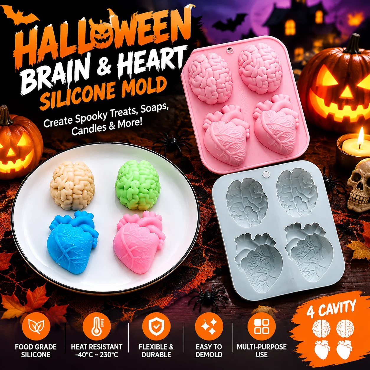 Brain Heart Silicone Mold 4 Cavity Halloween Cake Chocolate Soap Baking Pan Horror Party Dessert DIY Craft Decoration