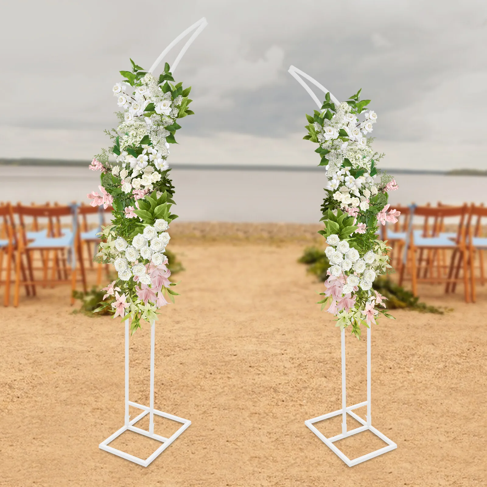

White Modern Wedding Arch Stand Set 2.1m & 1.9m Height Durable Steel Pipe with Sturdy Base for Ceremony Aisle Decor
