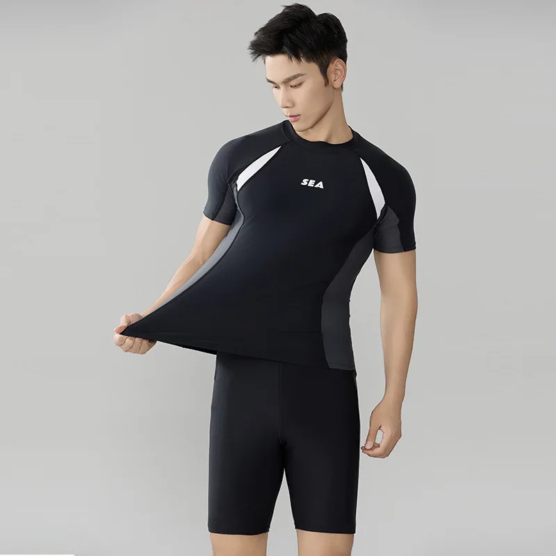 Men Two Piece Outdoor Water Sports Beach Surfing Swim Shirt+Trunks UPF50+ Short Sleeve Quick-Drying Bathing Athletic Rash Guard