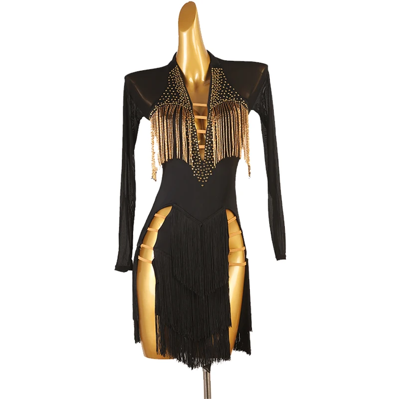 

Customized Latin Dance Competition Dresses Rhinestone Fringe Long Sleeve Rumba Tango Clothing Adult Kds Stage Dancewear
