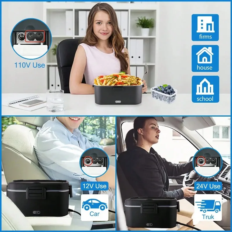 100W Electric Heated Lunch Box, 1.8L 304 Stainless Steel Food Warmer, 12V/24V/110V Dual Use for Car & Home, Portable Leakproof Heating Lunch Container with Insulated Bag for Truck, Office, Travel view 3
