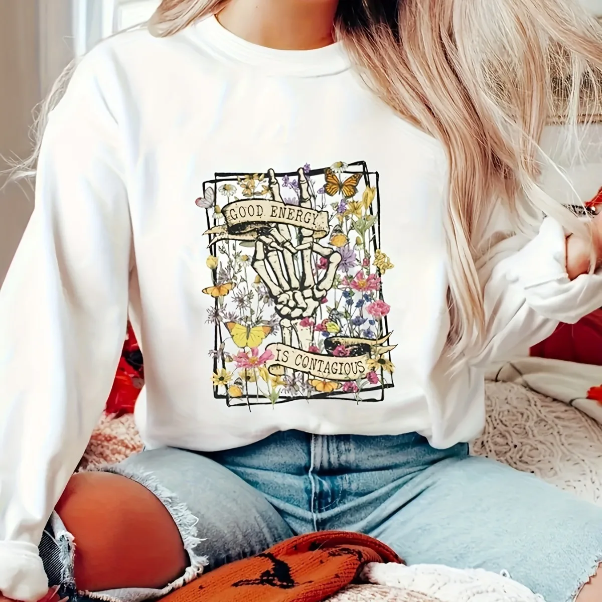 

Loose Fit Long Sleeve Skull Hand Print Sweatshirt Women's Spring Autumn Fashion Sporty Casual Cleanfit Style Polyester Blend