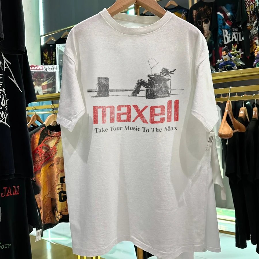 Camiseta blanca lavada rara de los años 90 de Maxell, camiseta deportiva informal de manga corta con estampado de algodón de verano para hombre