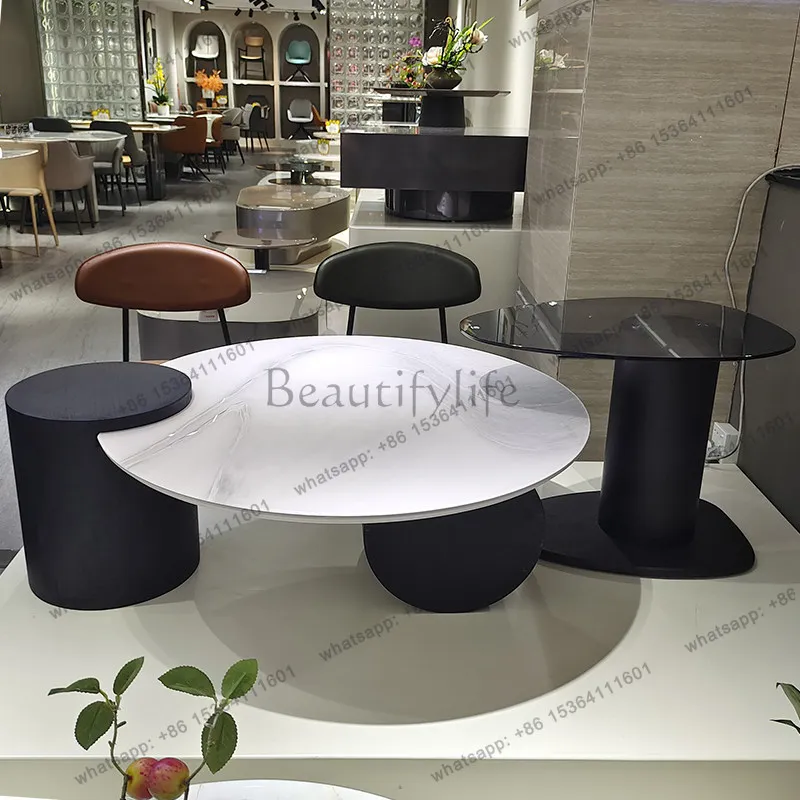 Minimal light luxury size round coffee table combination water pattern tempered glass wooden pier