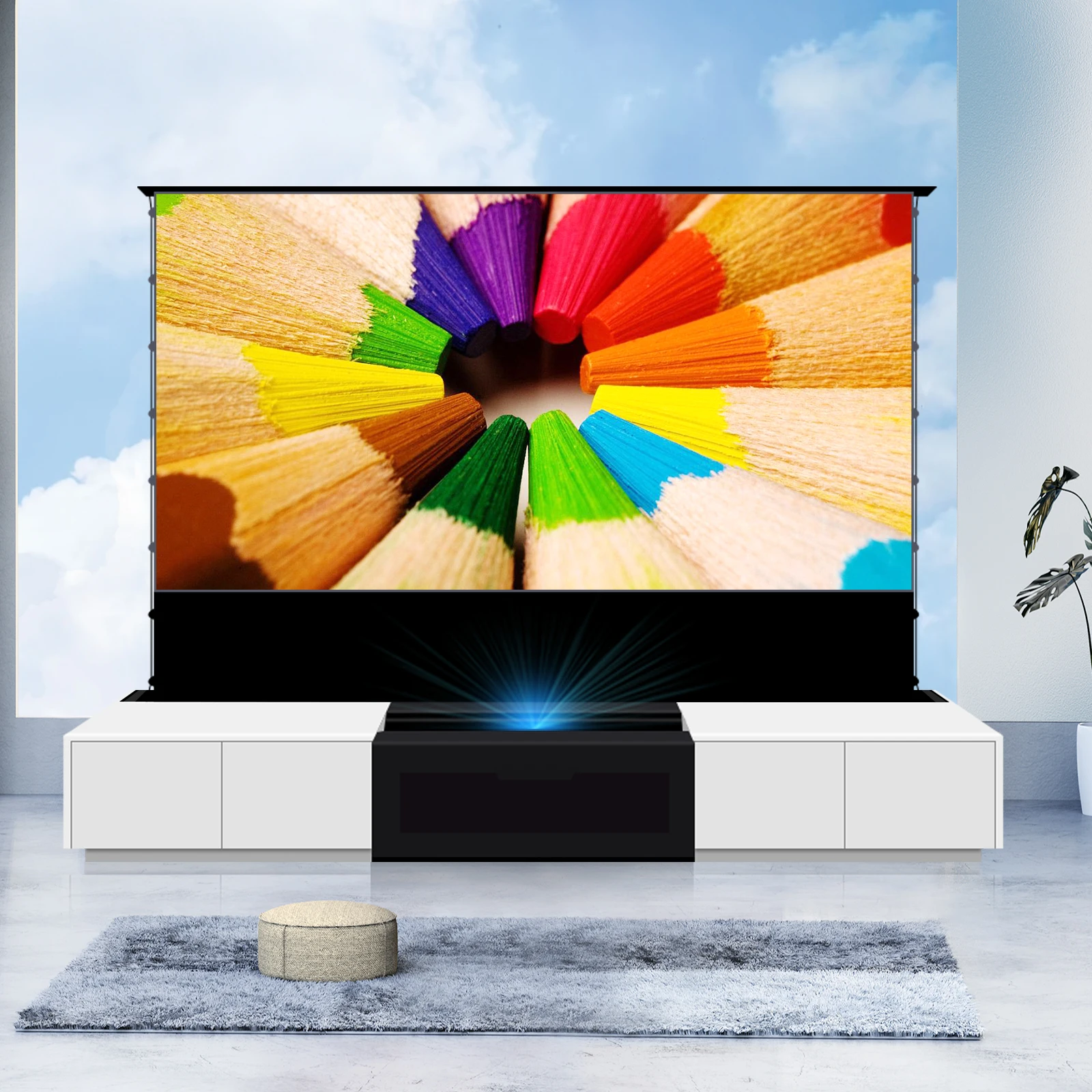 100 inch White Ultra Short Throw T-prism Motorized Floor Rising Projection Screen + Integrated Laser TV Cabinet High Quality