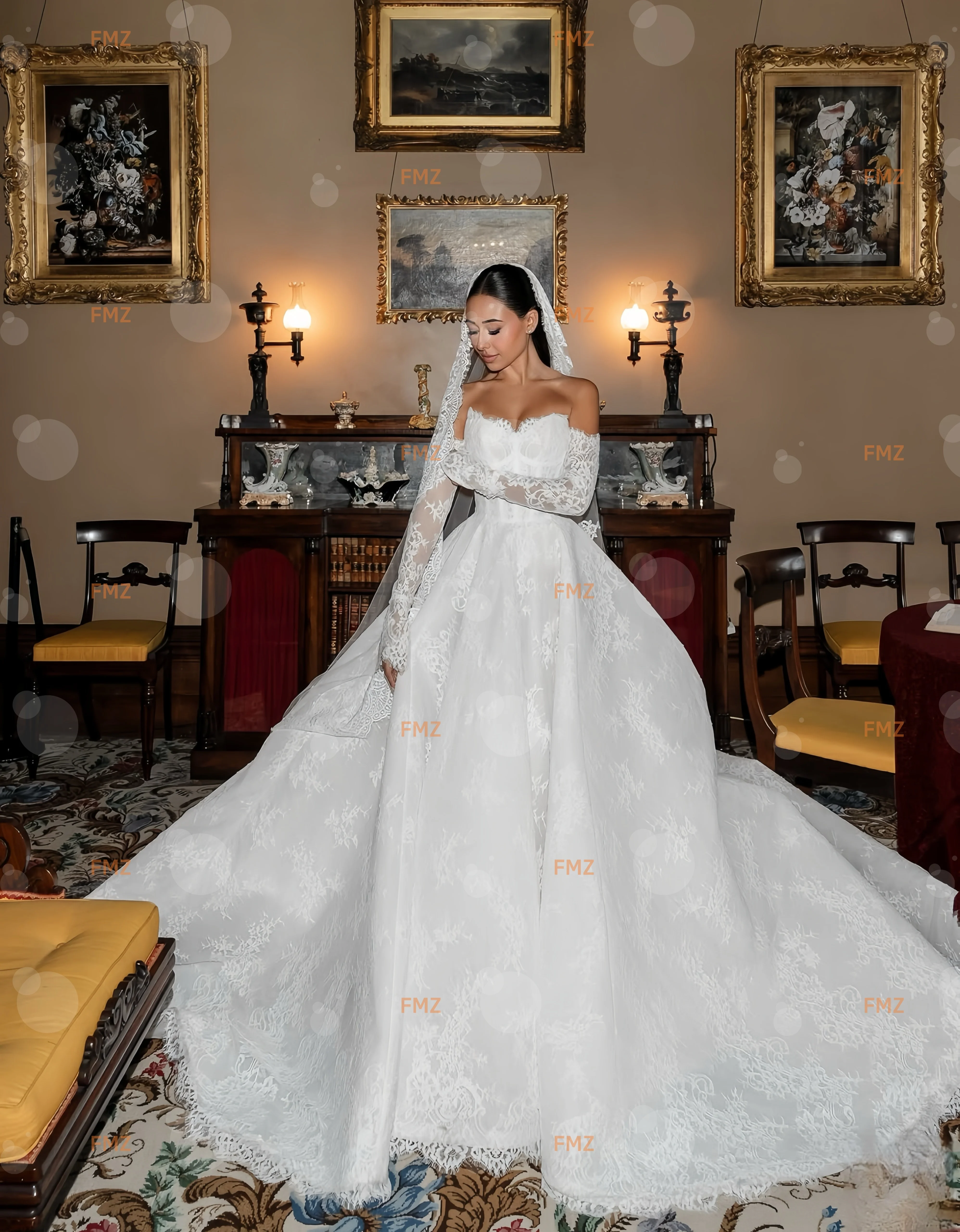 فستان زفاف أنيق بدون حمالات وأكمام طويلة على شكل حرف a من الدانتيل من فيستدوس دي نوفيا أماندا نوفيا أماندا نوفيا رسمي