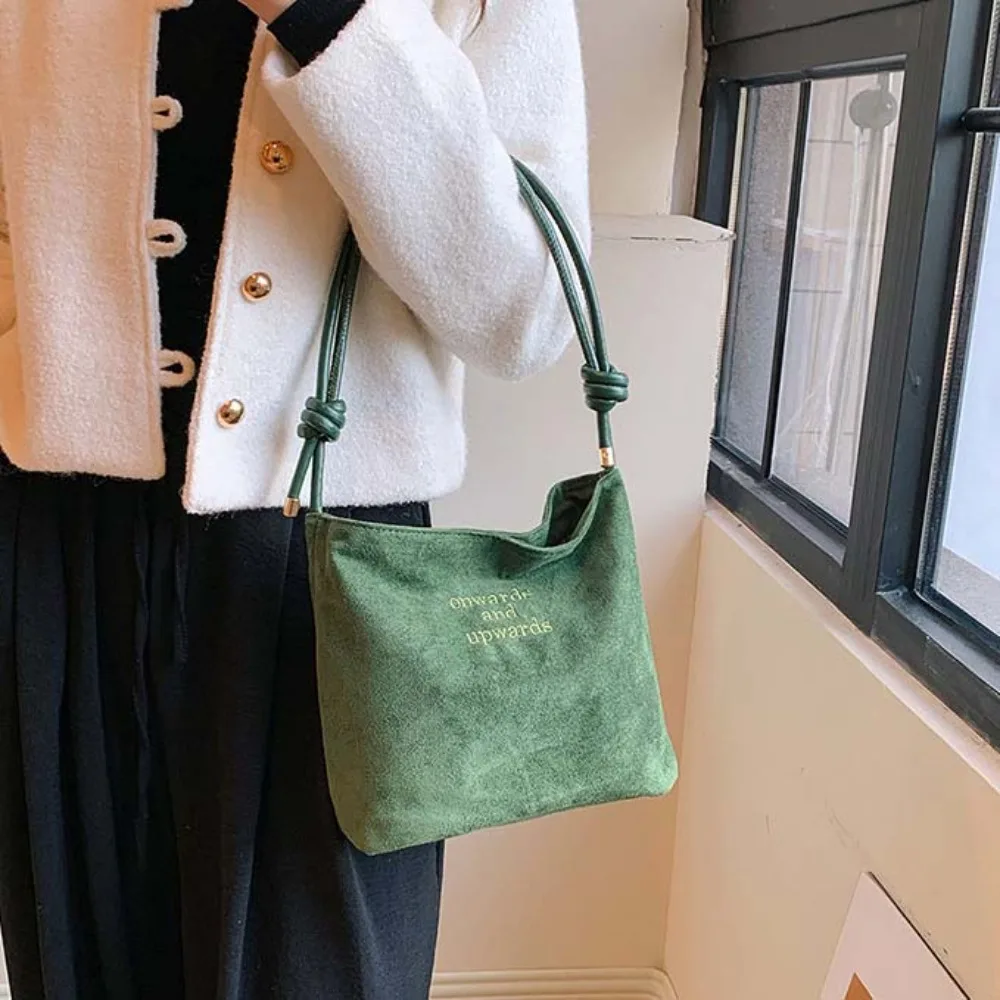 Large Capacity Women's Suede Bag Letter Pattern Bucket Bag Texture Matte Shoulder Bag Lightweight Magnetic Buckle Underarm Bag