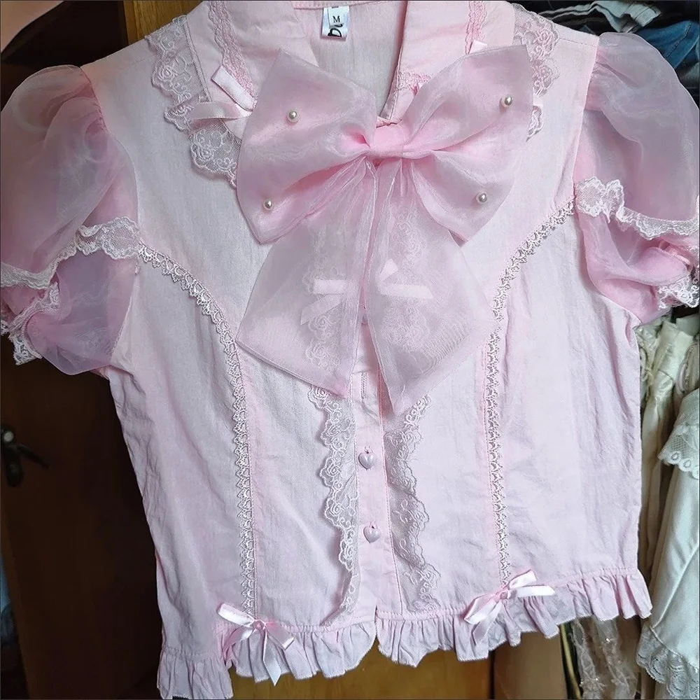 女性用スイートパールボウフリル付き日本風カワイイロリータシャツ、ピーターパンカラー、プリンセスブラウス、女性用Y2K半袖トップス、ブラウス