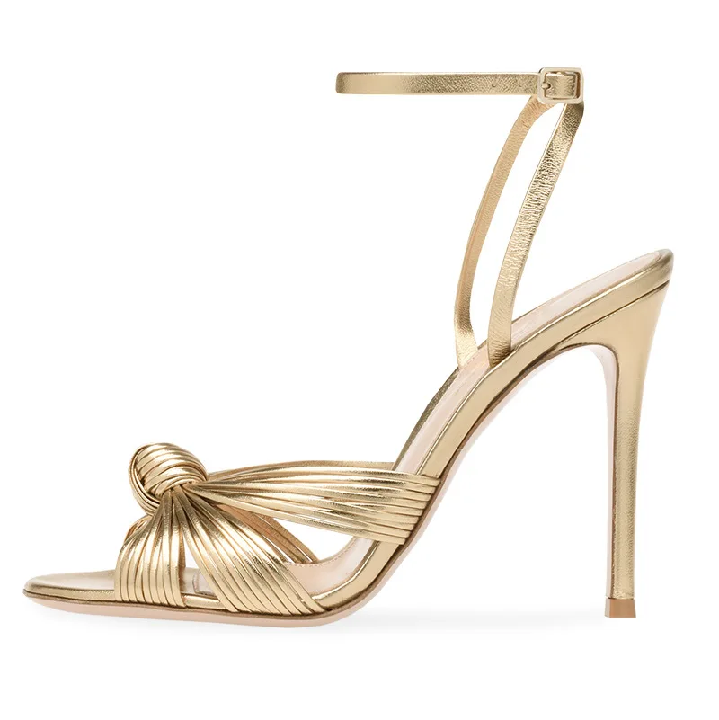 Women's Gold Color Stiletto Heel Sandals One Word Belt Round Toe Slingback Ankle Strap PU Sandals for Women Party Large Size 46 image 3