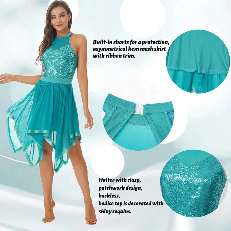 Sky01 إمرأة لامعة الترتر فستان التزلج على الجليد فستان رقص معاصر الأكاديمية غير المتكافئة شبكة الجمباز يوتار DanceSd01$