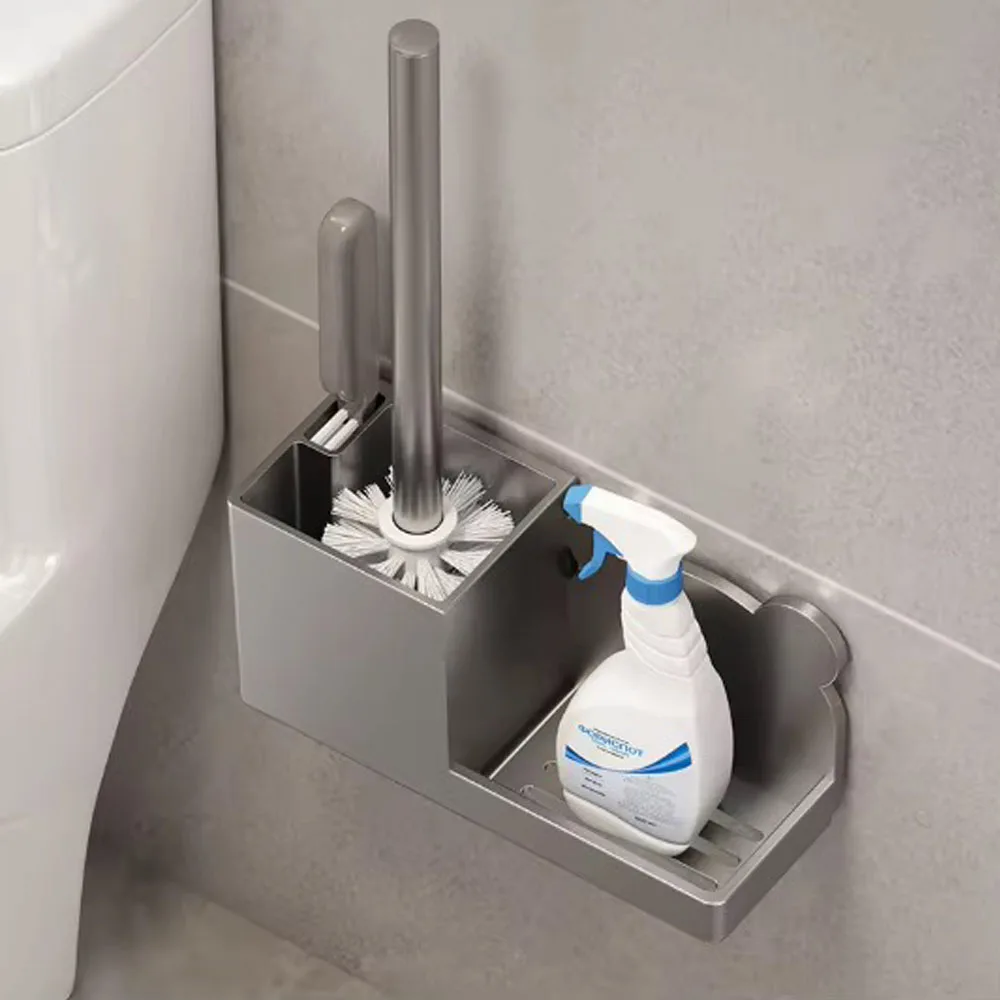 Wall-Mountable Plastic Toilet Brush Holder Long-Handled Brush Set Included Nickel FinishDead-Angle-Free Durable