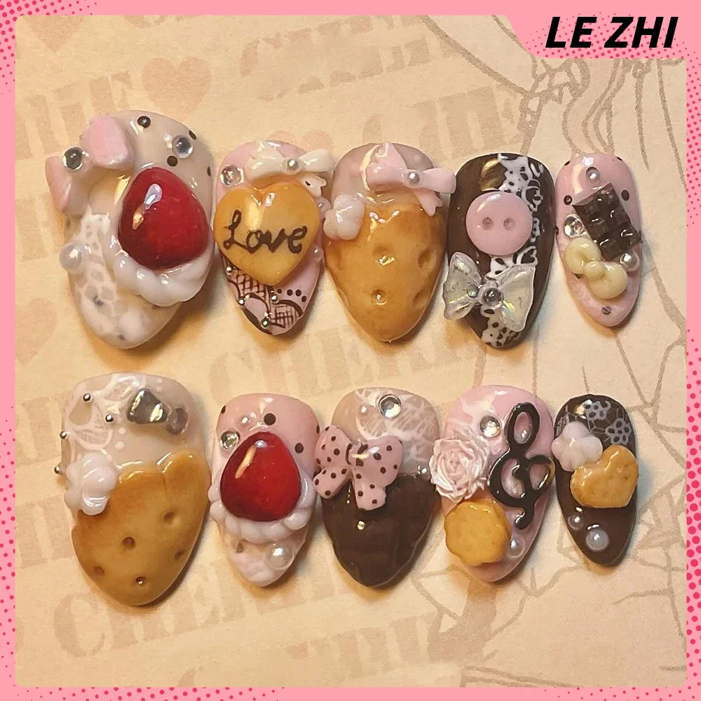 3D Handmade Rilakkuma Press On Nail Art Strawberry Cute Portable Short Almond Full Cover Customizable Nails Sticker Girls