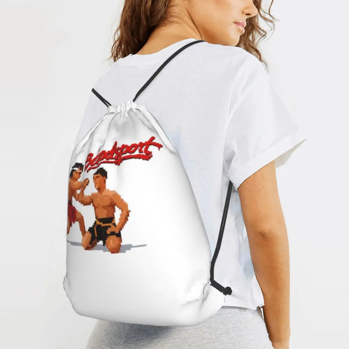 Retro Pixel Combat Homage Bloodsport Style Backpacks Portable Drawstring Bundle Pocket Sports Bag Book Bags for Travel Student