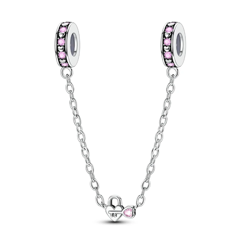 925 Sterling Silver Charms Bead CZ Zircon Heart Lock Secret Love Safety Chain Fit Original Bracelet DIY Women Jewelry Gift