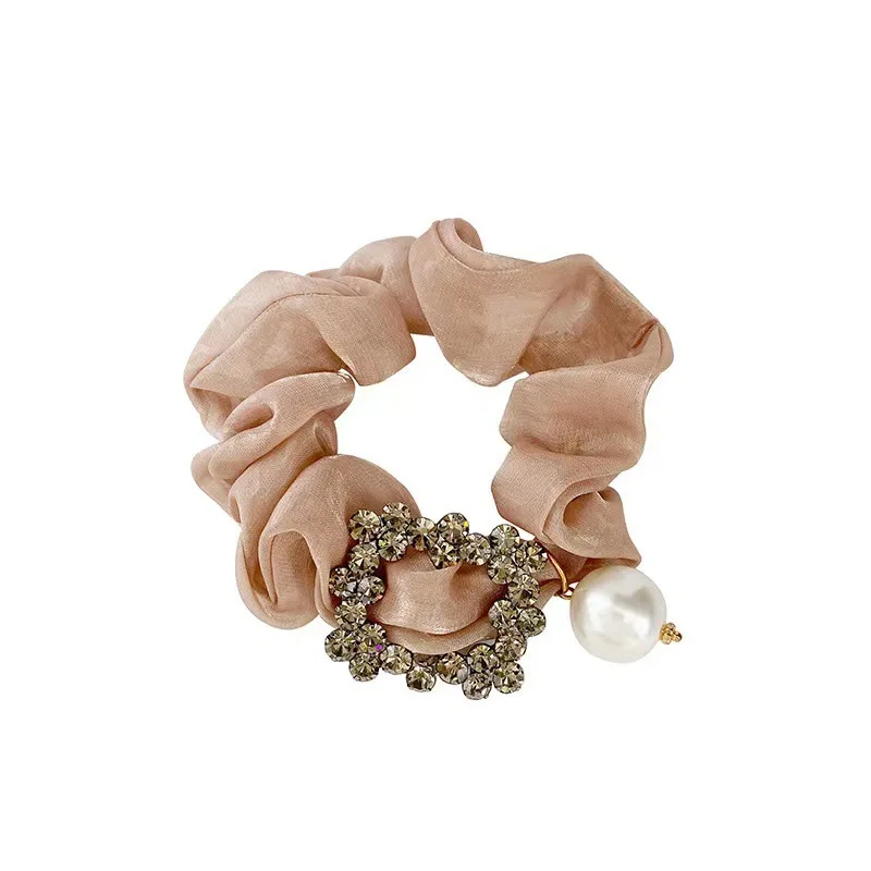 Luxury Organza Large Intestine Hairbands Retro Solid Color Women Girl Hair Ring Rope Glitter Rhinestone Pearl Hair Ties