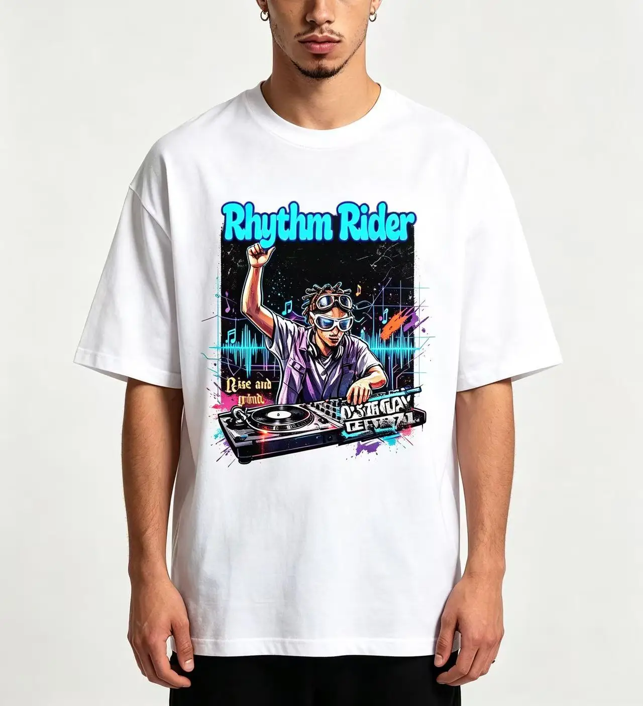 Unisex Rhythm Rider DJ Turntable Music Graphic T Shirt Men Women Colorful Graffiti Soundwave Hip Hop Print Oversized Crew Neck Short Sleeve Cotton Tee