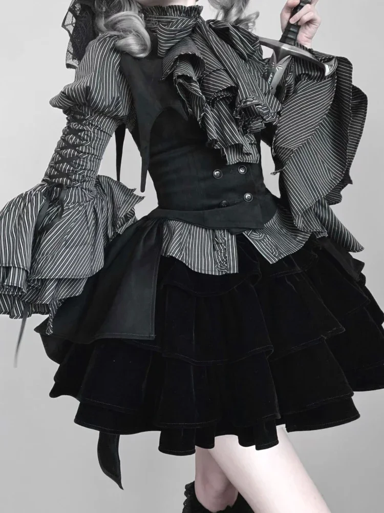 

Japanese Gothic Vintage Lolita 3 Piece Set Striped Blouse + Chic Vest + Fluffy Cake Skirt New Fashion Dark Academia JK Suit 2025