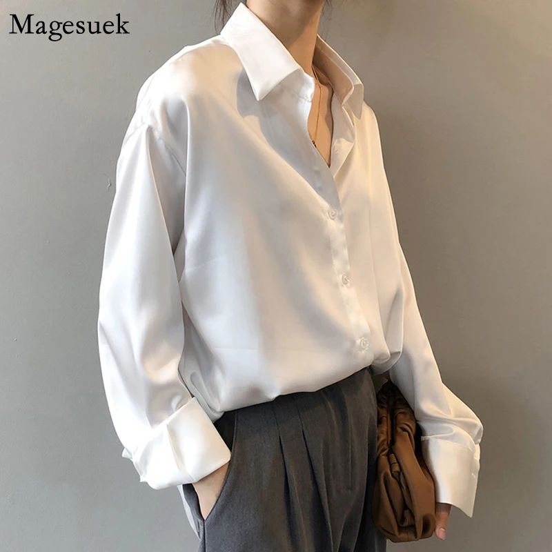 New Spring Turn-down Collar Women Shirt White Loose Satin Solid Blouse Women Tops Casual Button Silk Shirt Woman Blusas 11355