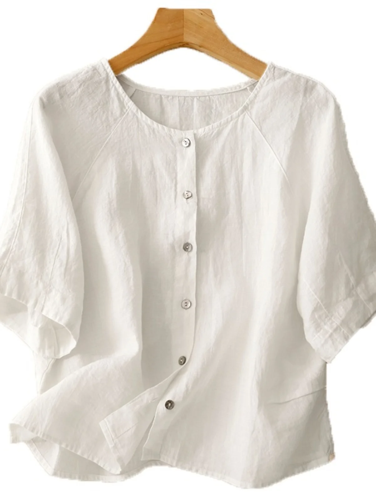 Retro Luźny Krój Okrągły Dekolt Lniany Top Damski Letni Vintage Prosty Biały Bawełniany Top