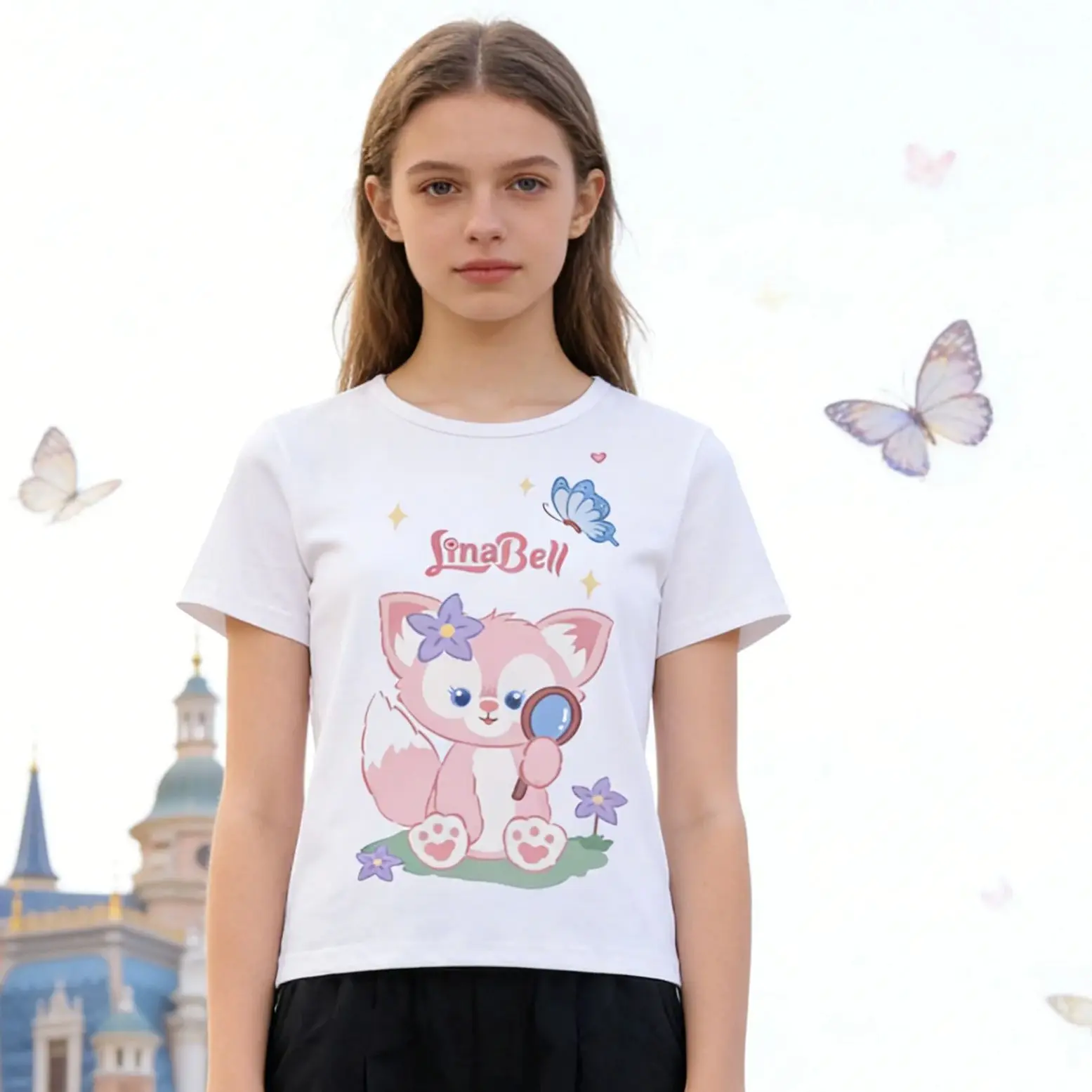 

Disney cute little fox Linabell children's short sleeved T shirt top parent child outfit summer women's T shirt Tee