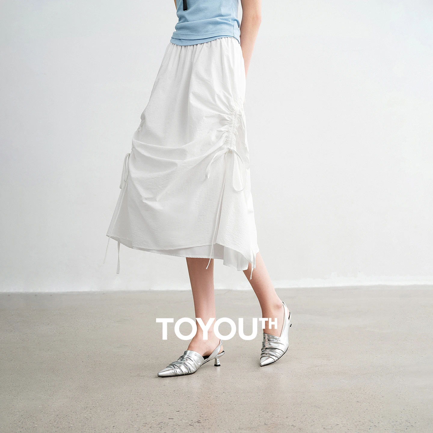 TOYOUTH Women Midi Skirts 2026 Spring New High-End Solid-Color A-Line Elastic-Waist Casual Skirts