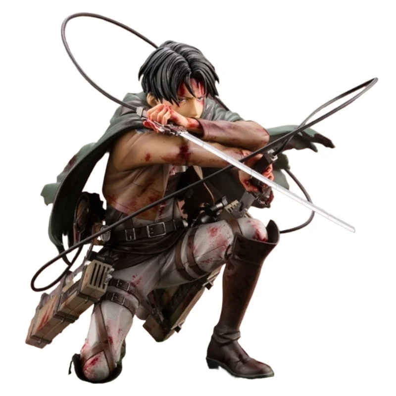 Figurka anime Kotobukiya Attack On Titan Levi Ackerman, postać postrachowana walką, krwawa, w pozycji klęczącej, kolekcjonerska statuetka, model anime. — 2